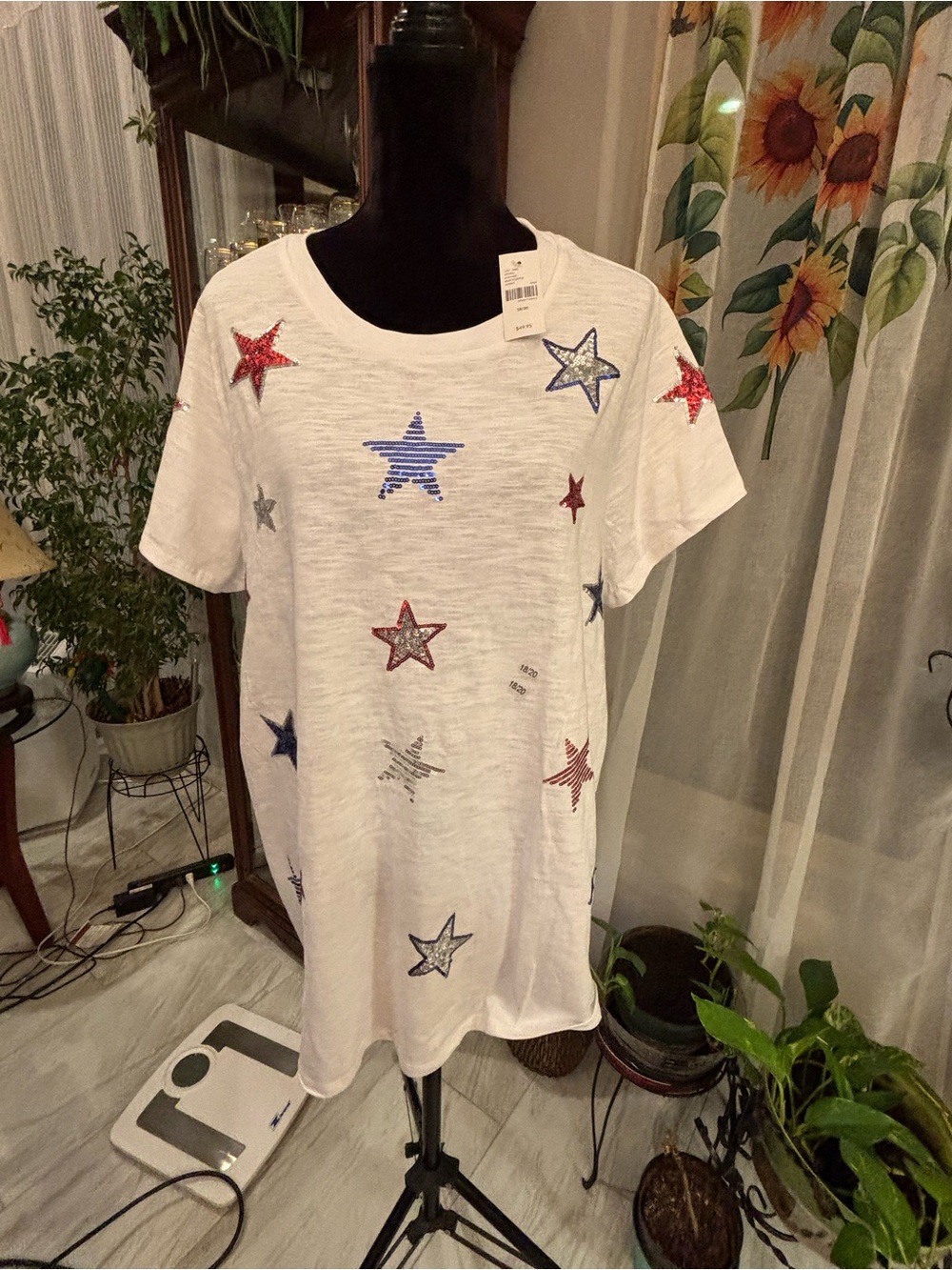 Lane Bryant White Short Sleeve Tee with Red & Blue Sequin Stars